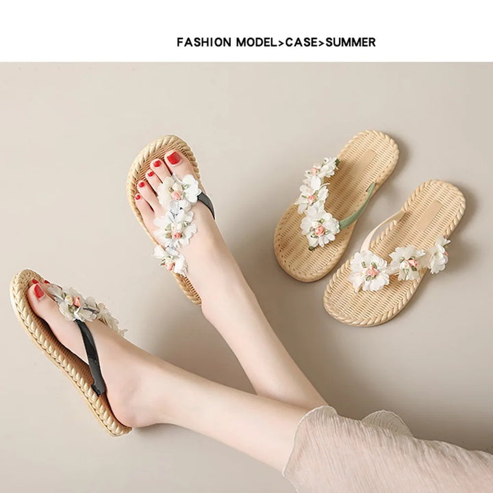 Fashion Sweet Women Flat Flip Flops Flower Anti Slip Beach Thong Sandals Home Shoes Soft Soles Platform Slippers Summer
