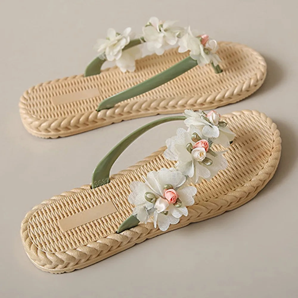Fashion Sweet Women Flat Flip Flops Flower Anti Slip Beach Thong Sandals Home Shoes Soft Soles Platform Slippers Summer