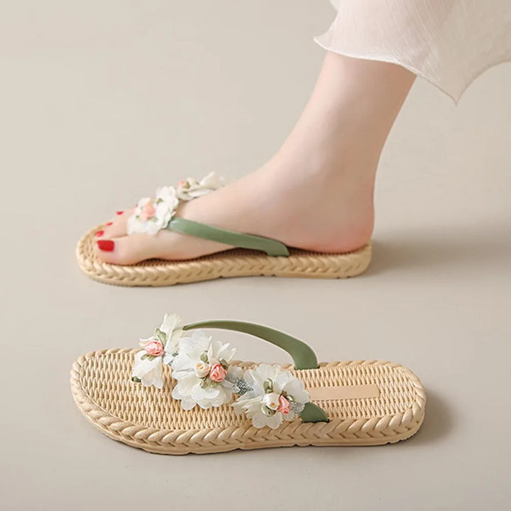 Fashion Sweet Women Flat Flip Flops Flower Anti Slip Beach Thong Sandals Home Shoes Soft Soles Platform Slippers Summer