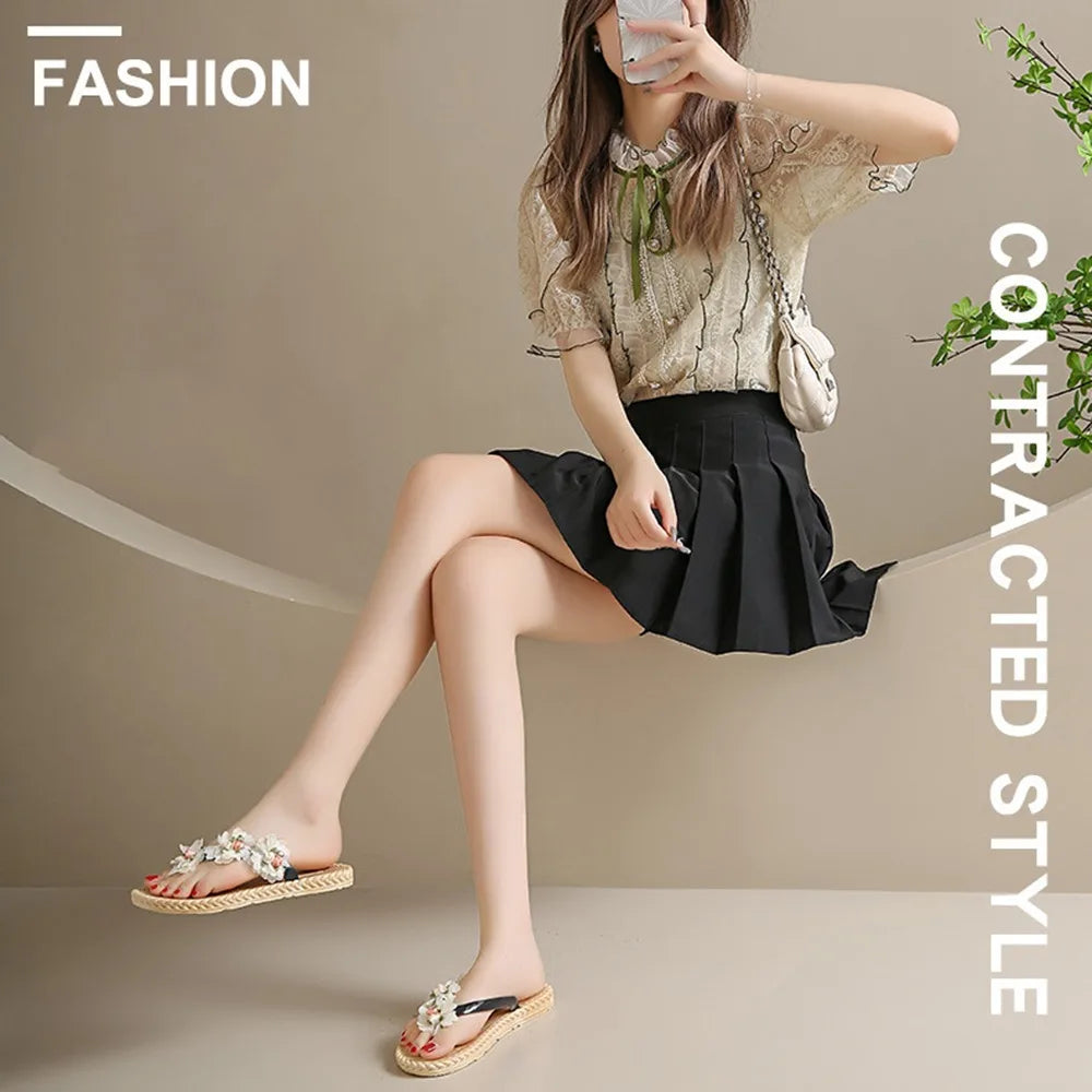 Fashion Sweet Women Flat Flip Flops Flower Anti Slip Beach Thong Sandals Home Shoes Soft Soles Platform Slippers Summer