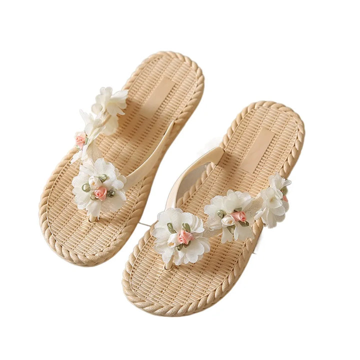 Fashion Sweet Women Flat Flip Flops Flower Anti Slip Beach Thong Sandals Home Shoes Soft Soles Platform Slippers Summer