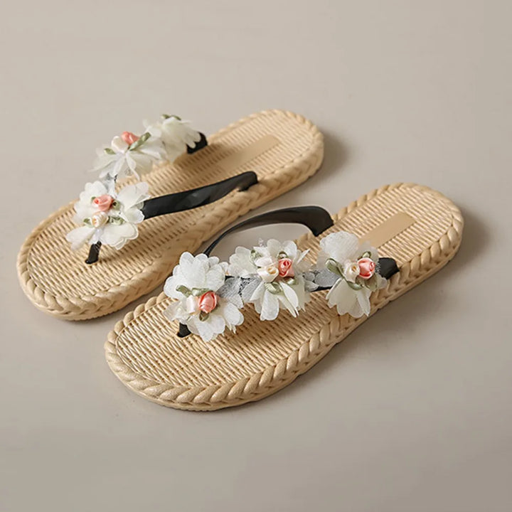 Fashion Sweet Women Flat Flip Flops Flower Anti Slip Beach Thong Sandals Home Shoes Soft Soles Platform Slippers Summer