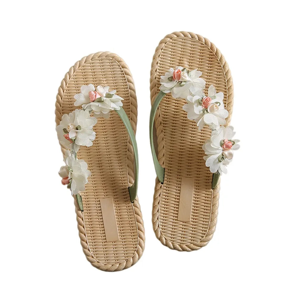 Fashion Sweet Women Flat Flip Flops Flower Anti Slip Beach Thong Sandals Home Shoes Soft Soles Platform Slippers Summer