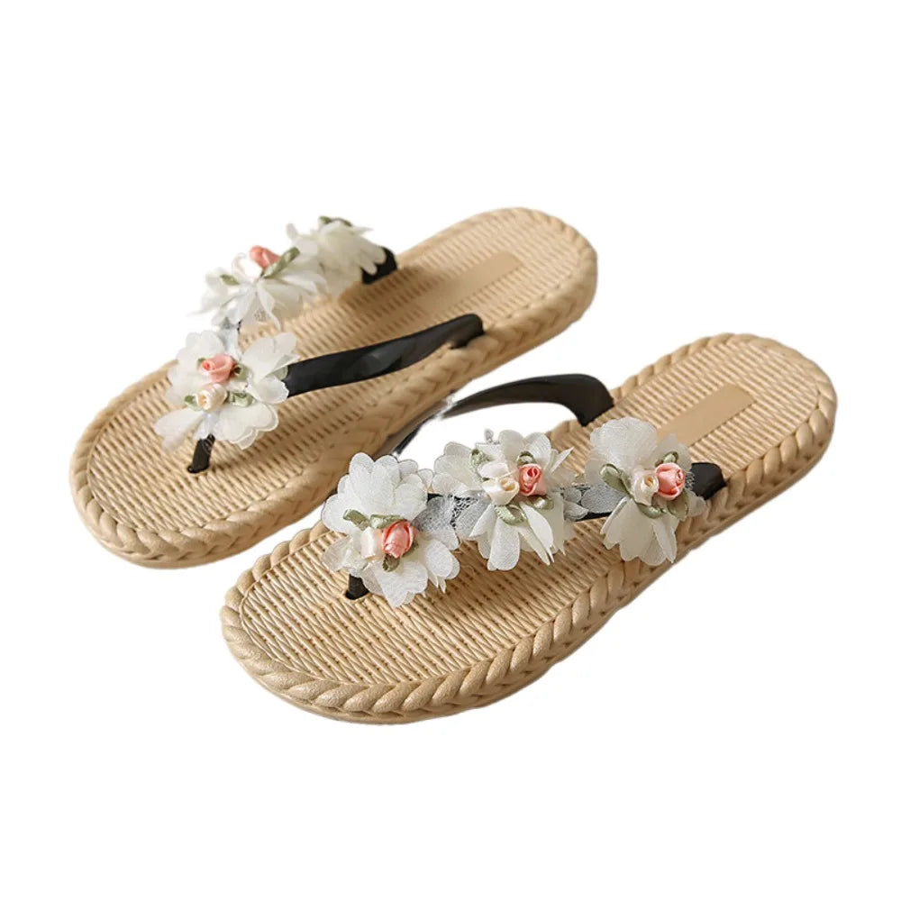 Fashion Sweet Women Flat Flip Flops Flower Anti Slip Beach Thong Sandals Home Shoes Soft Soles Platform Slippers Summer
